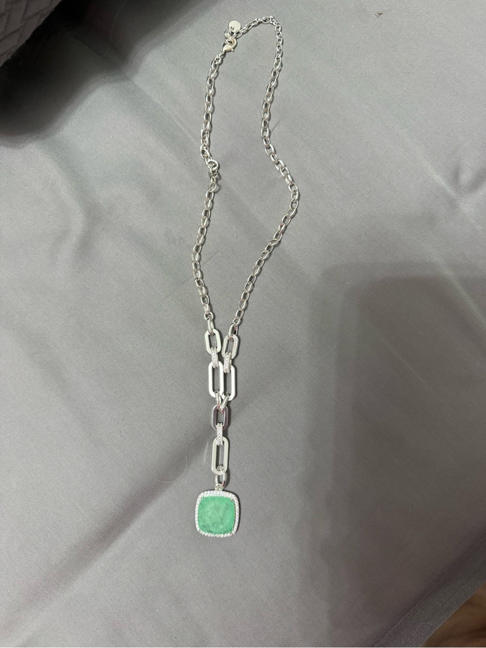 Sterling-Style Silver Necklace with Green Cushion Pendant